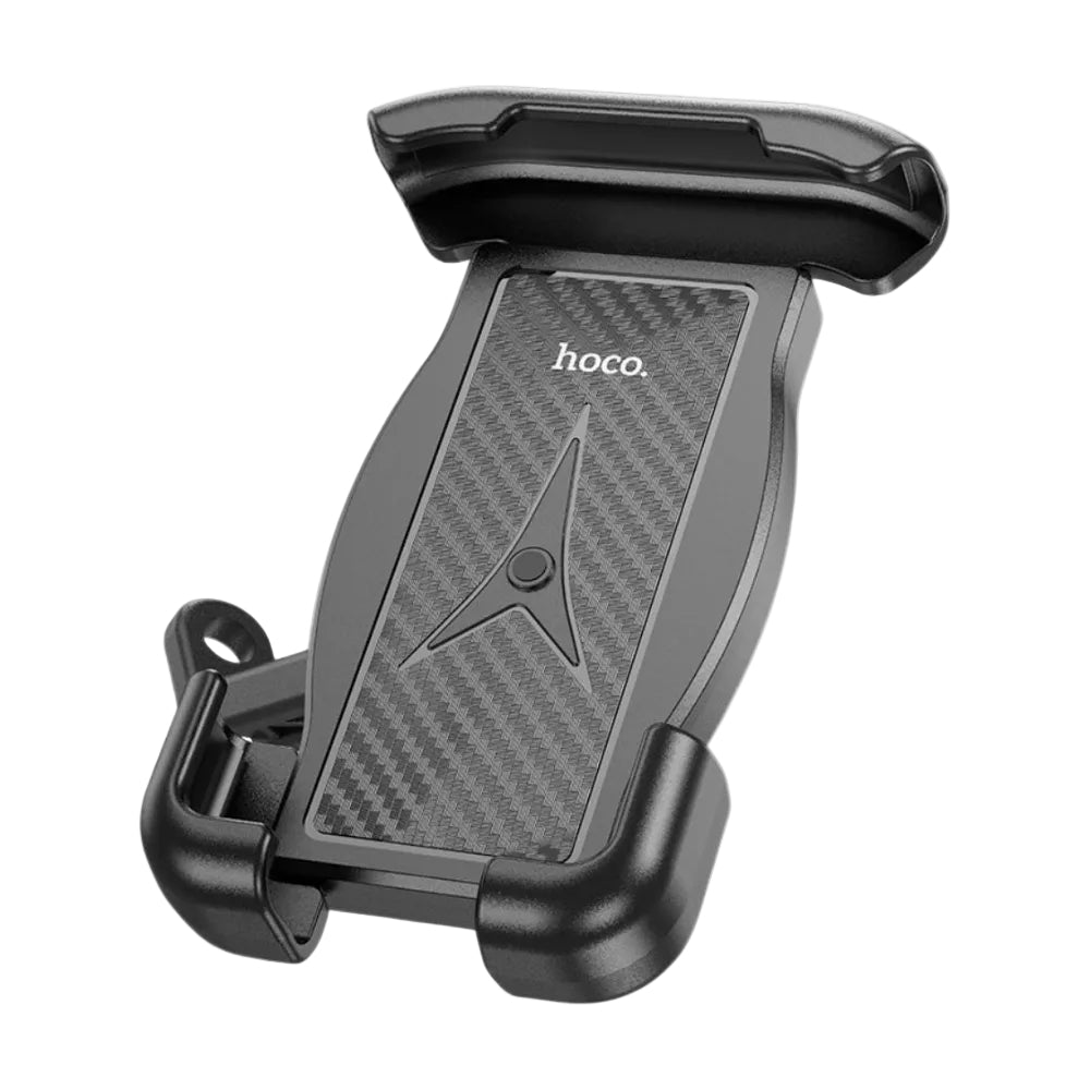 A black Hoco phone mount with a textured carbon-fiber-look center panel and a visible Hoco logo, shown on a plain white background.