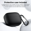 Black wireless earphone protective case with a silver carabiner clip, shown on a white background with promotional text stating a silicone protective case is included.