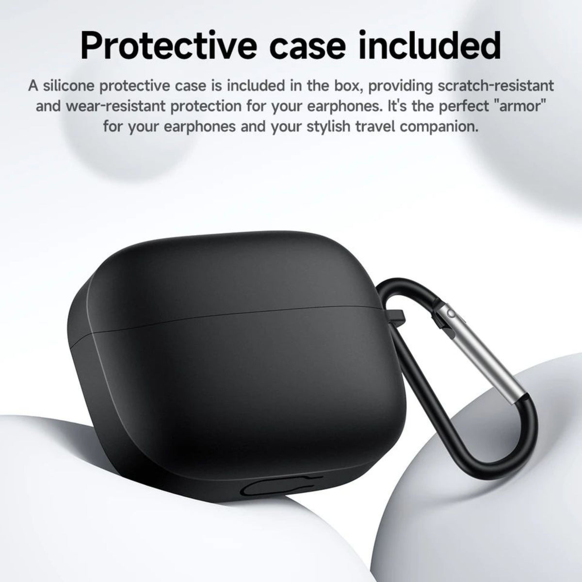 Black wireless earphone protective case with a silver carabiner clip, shown on a white background with promotional text stating a silicone protective case is included.