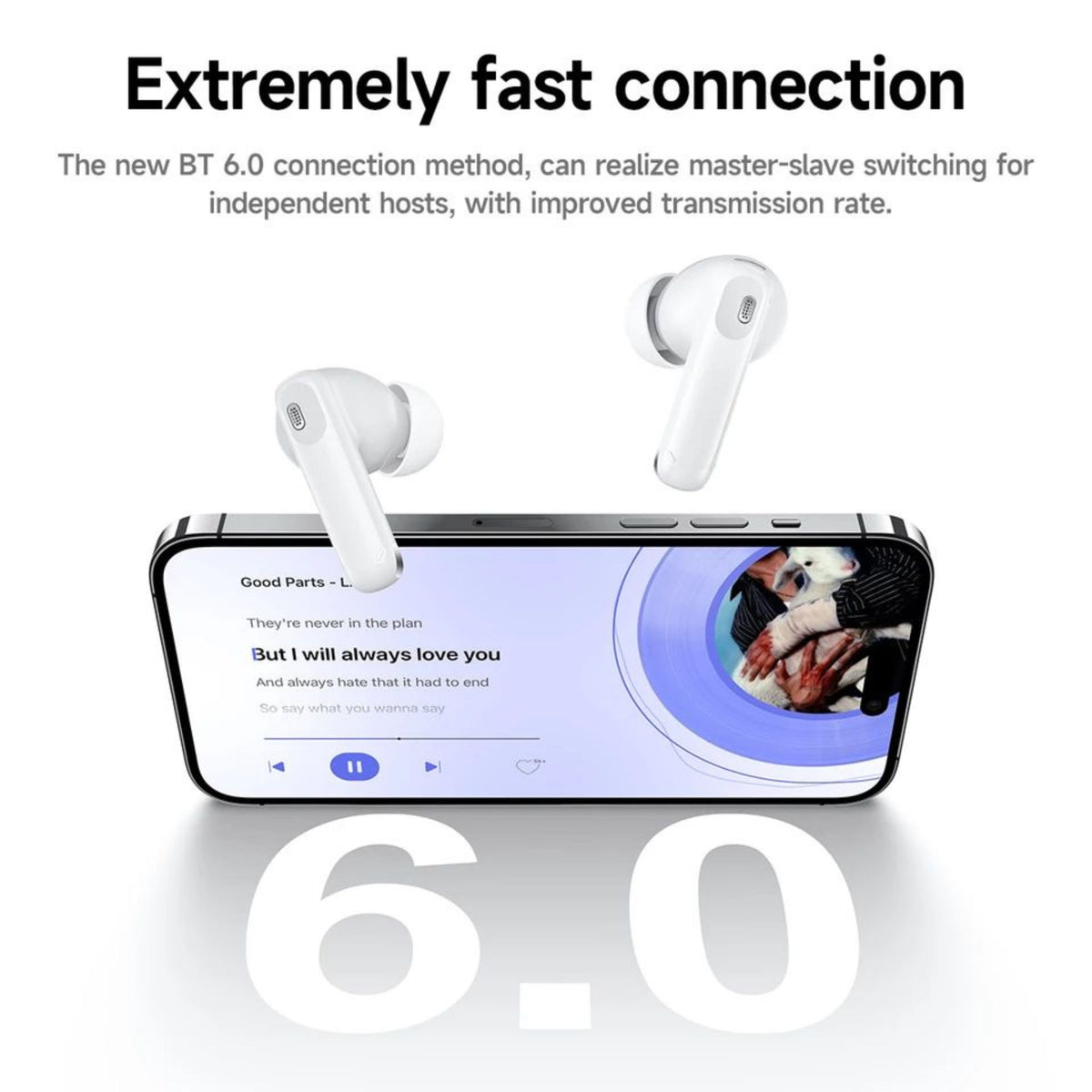 White wireless earbuds floating above a smartphone screen, with marketing text at the top reading 'Extremely fast connection' and a large '6.0' at the bottom, indicating Bluetooth 6.