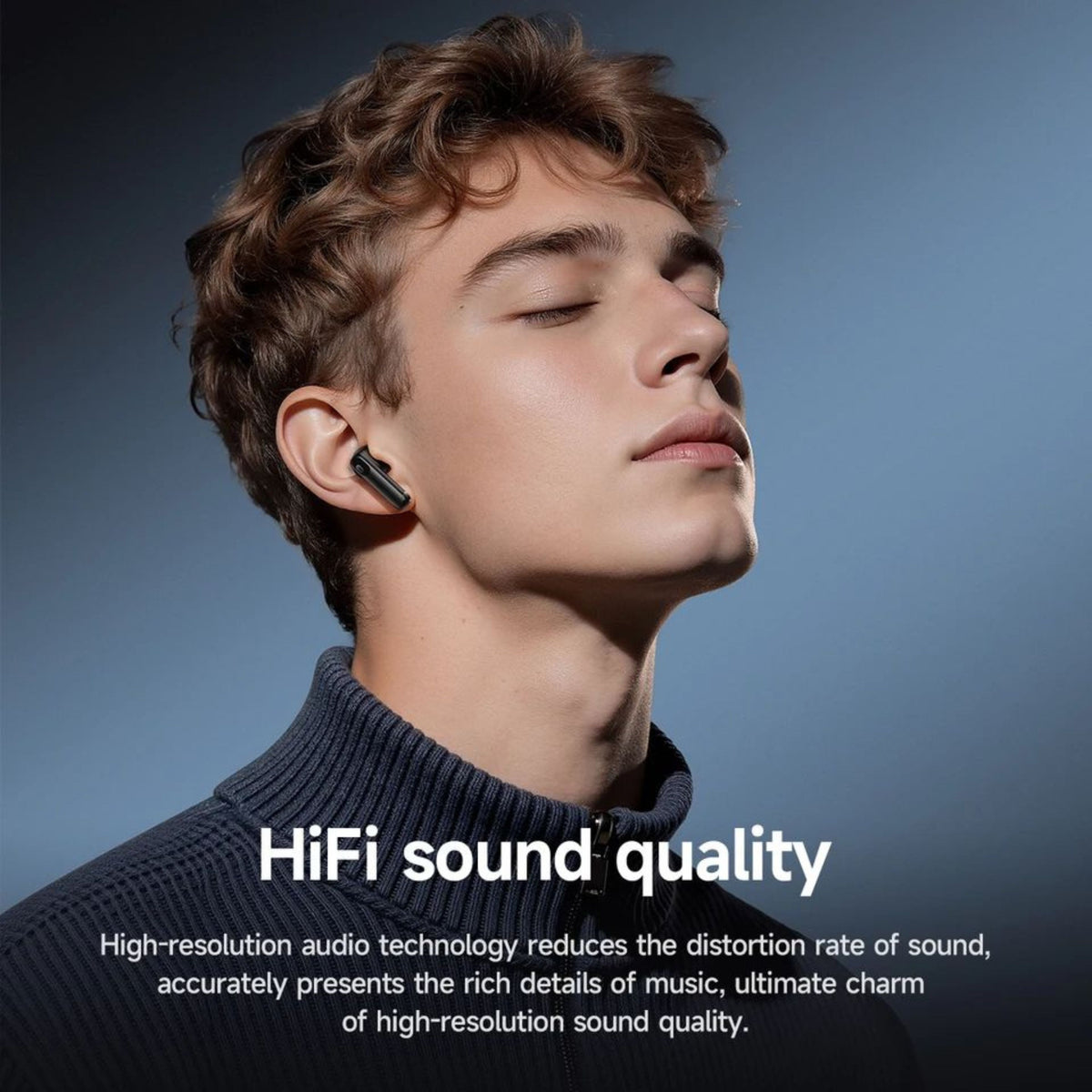 A man wearing a black wireless earbud, shown in a close-up profile against a dark blue gradient background. White text overlays read 'HiFi sound quality' with additional descriptive copy below.