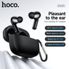 Hoco EQ30 true wireless Bluetooth headset in matte black, featuring two earbuds floating above an open charging case with a silver carabiner clip. The image includes marketing text highlighting Hi-Fi sound quality, 10mm dynamic driver, BT 6.