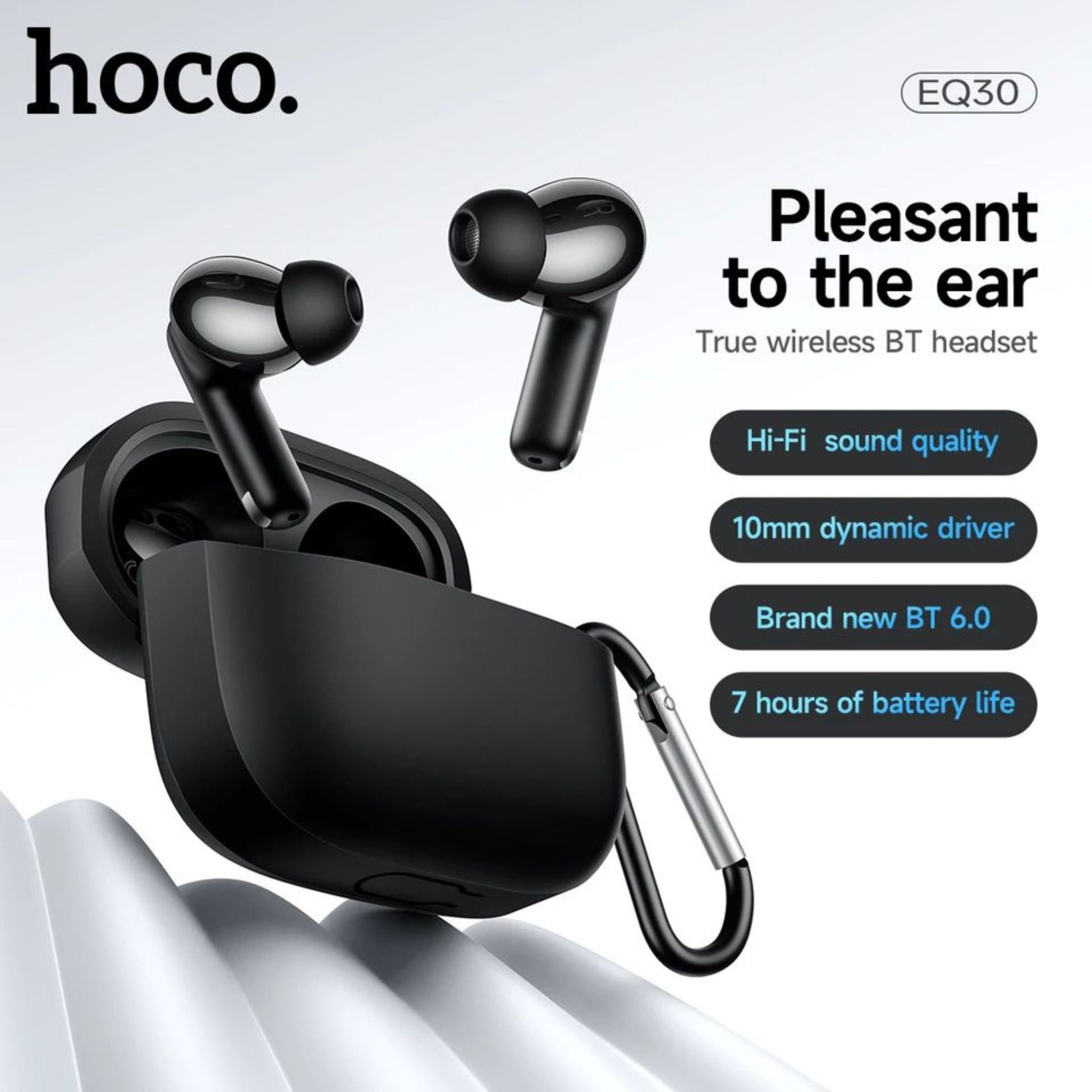 Hoco EQ30 true wireless Bluetooth headset in matte black, featuring two earbuds floating above an open charging case with a silver carabiner clip. The image includes marketing text highlighting Hi-Fi sound quality, 10mm dynamic driver, BT 6.