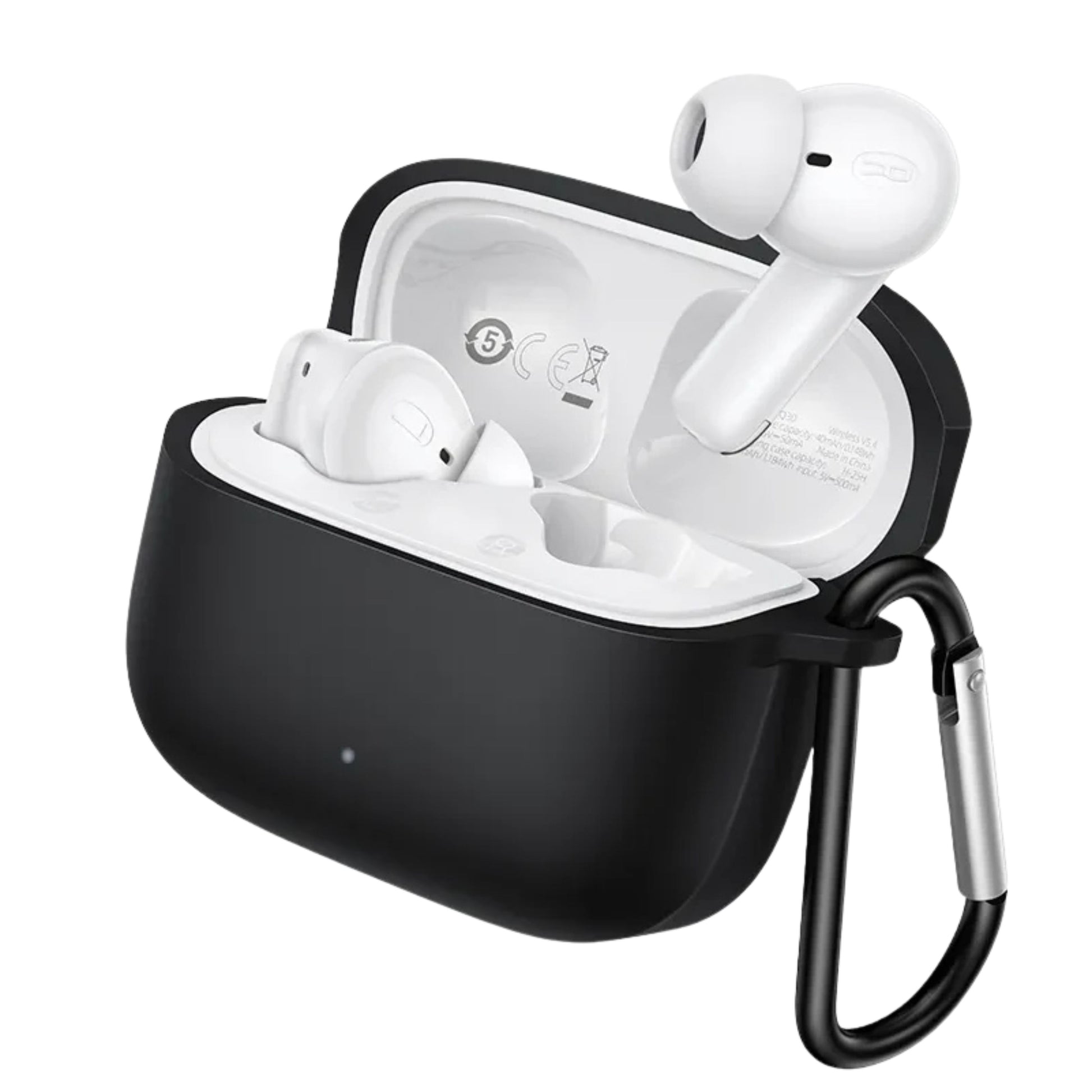 A black silicone protective case for a wireless earbud charging case, shown open with two white earbuds inside and a black carabiner clip attached on the side, set against a plain white background.