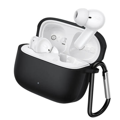 A black silicone protective case for a wireless earbud charging case, shown open with two white earbuds inside and a black carabiner clip attached on the side, set against a plain white background.