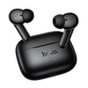 Black Hoco wireless earbuds with their charging case on a plain white background.