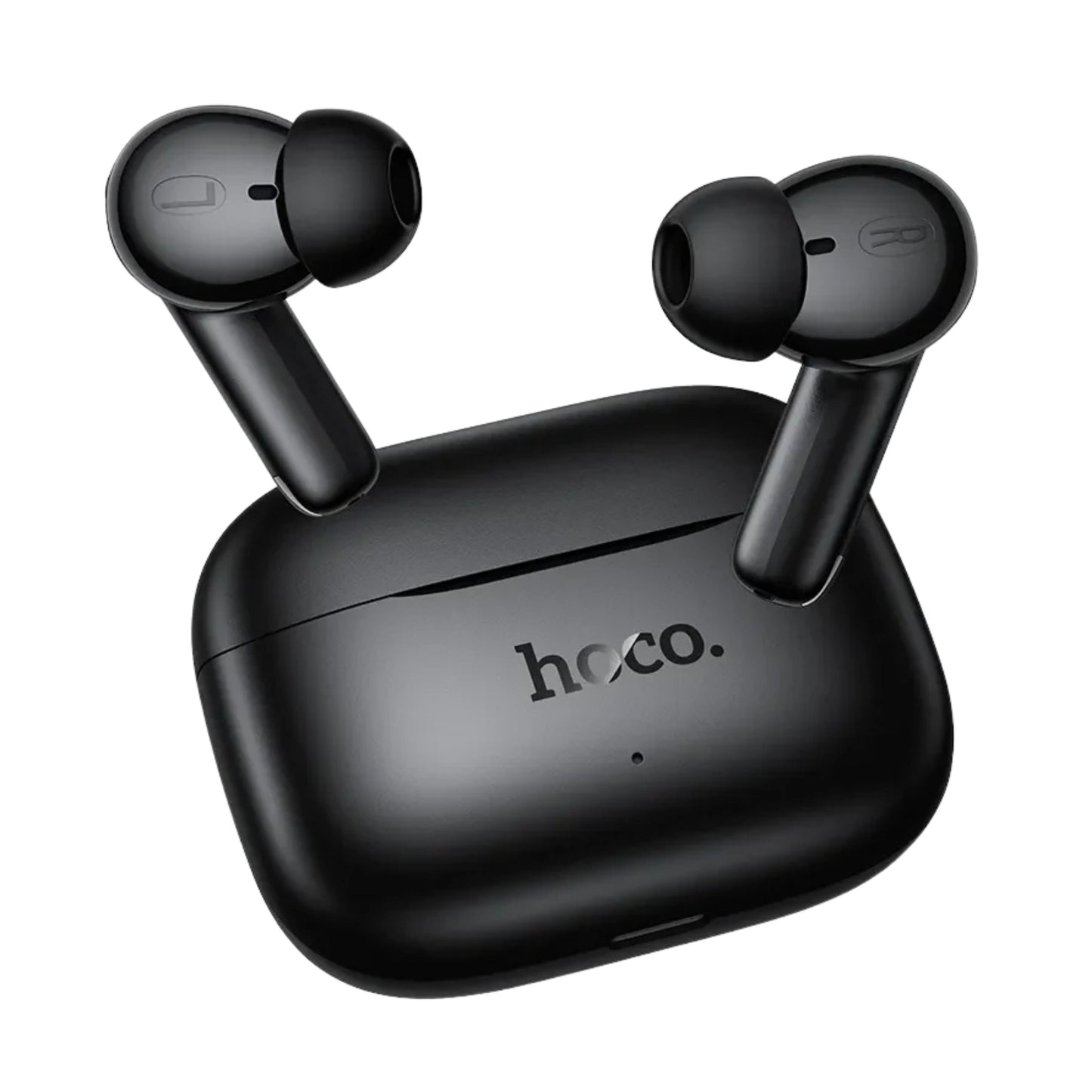 Black Hoco wireless earbuds with their charging case on a plain white background.