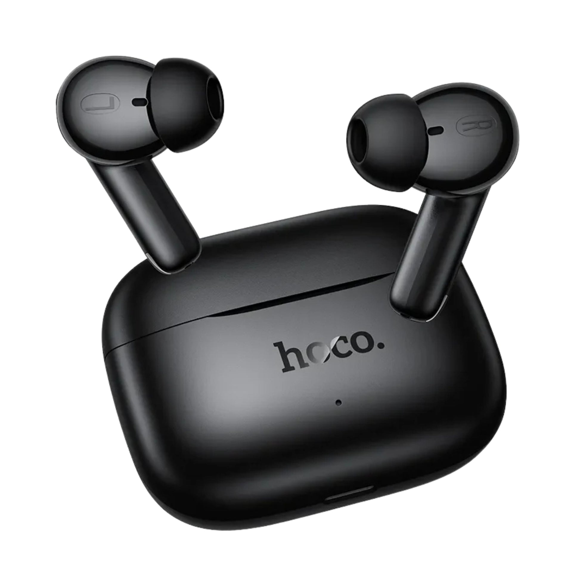 Black Hoco wireless earbuds with their charging case on a plain white background.