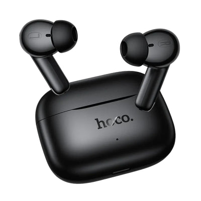 Black Hoco wireless earbuds with their charging case on a plain white background.