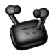 Black Hoco wireless earbuds with their charging case on a plain white background.