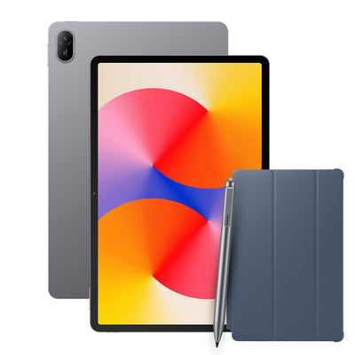 Tablet with colorful display and a matching case on a white background
