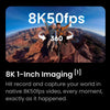Promotional graphic for 8K 1-inch imaging, showing a rounded rectangular sample photo of two people on a canyon ridge with large white text reading '8K50fps' and '360', plus descriptive copy below on a black background.