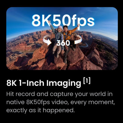 Promotional graphic for 8K 1-inch imaging, showing a rounded rectangular sample photo of two people on a canyon ridge with large white text reading '8K50fps' and '360', plus descriptive copy below on a black background.