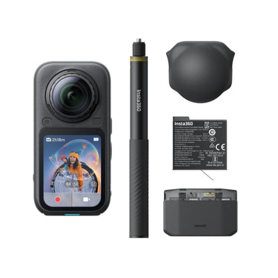 Insta360 action camera shown with included accessories on a clean white background: a black handheld stylus, a black protective cover, a battery, and a charging dock. The camera front display is on and shows the Insta360 branding.