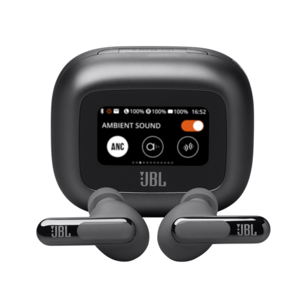 JBL wireless earbuds with charging case on a white background