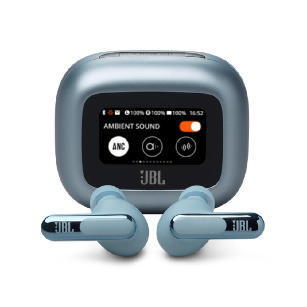 Blue JBL wireless earbuds with charging case on a white background