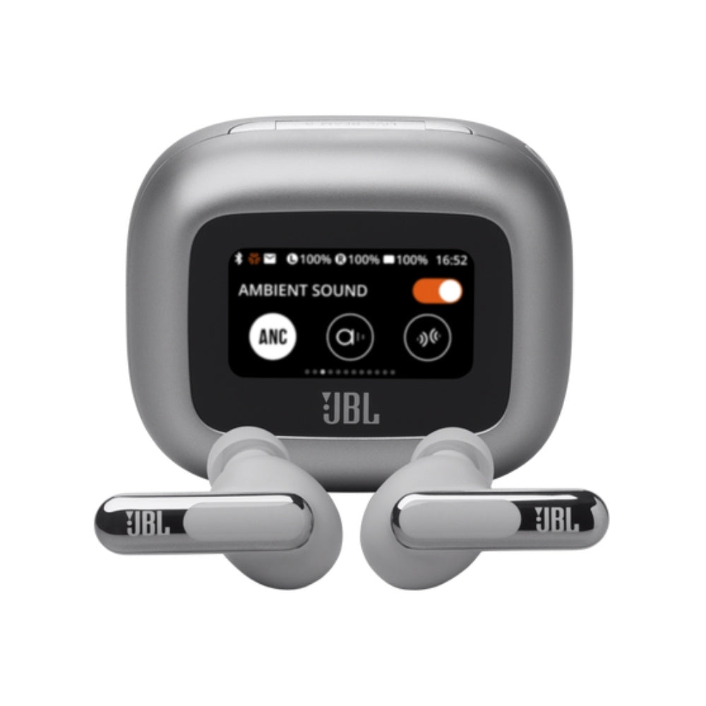 JBL wireless earbuds with charging case on a white background