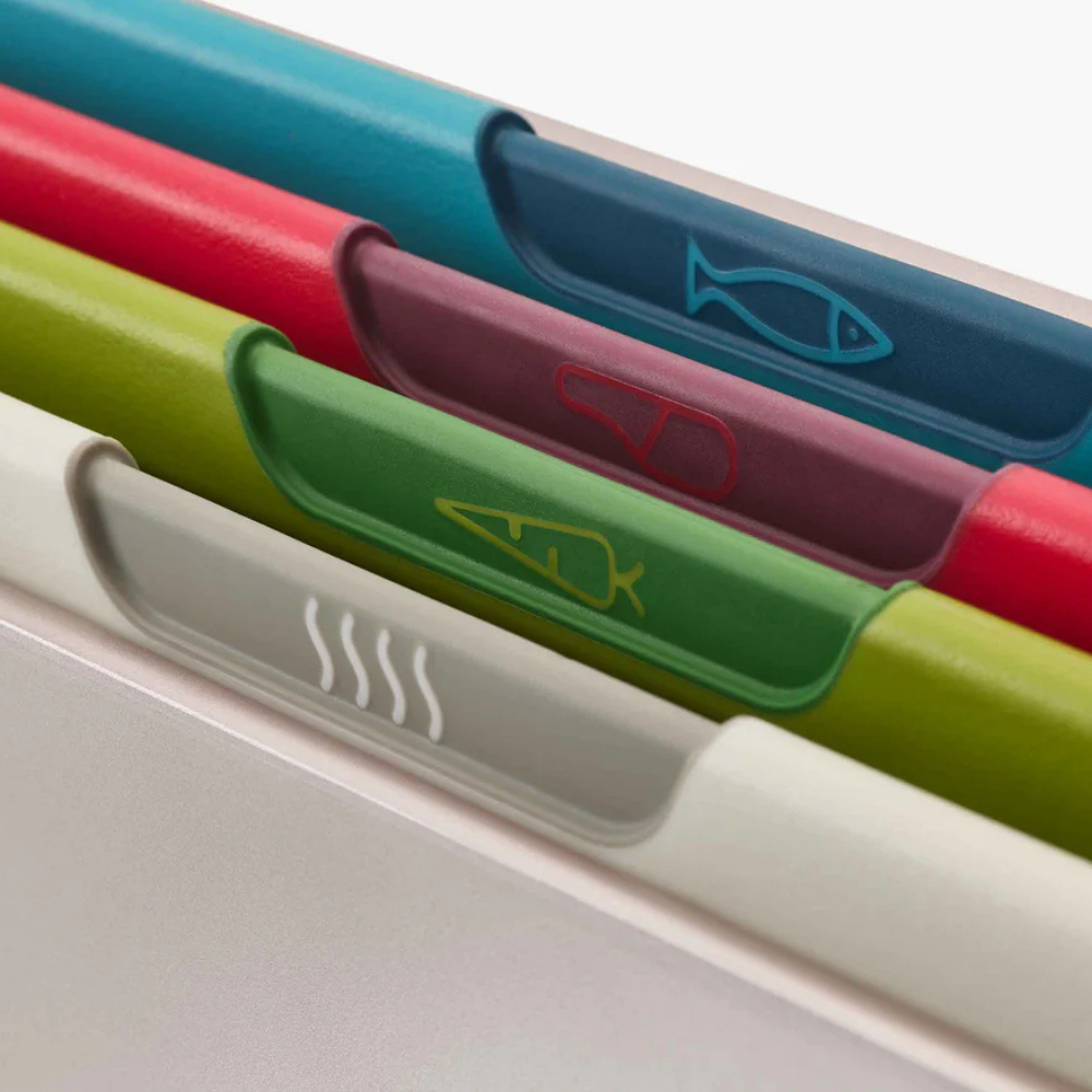 Large Joseph Joseph Folio Icon 4-piece multicolour cutting board set displayed with vibrant colors and unique design.