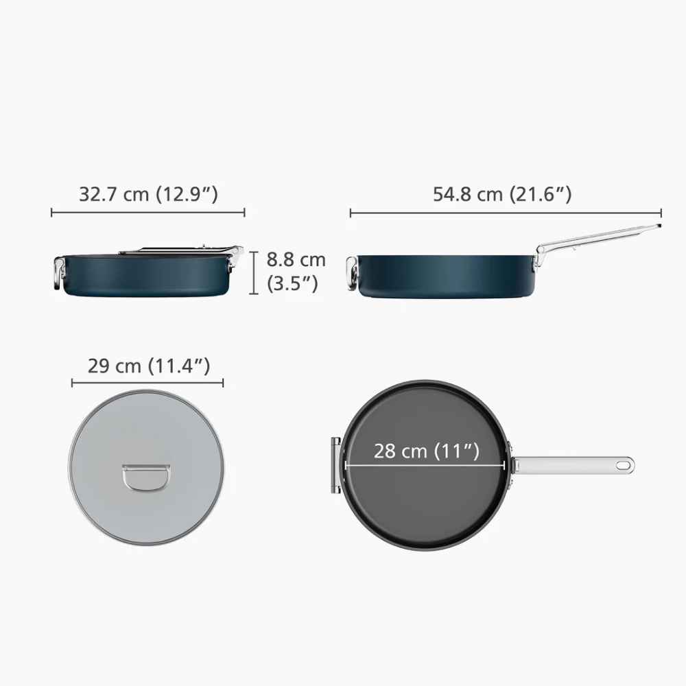 Joseph Joseph blue 28cm ceramic non-stick sauté pan with lid, featuring a folding handle for easy storage.