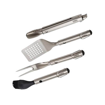 Joseph Joseph GrillOut 4-piece stainless-steel BBQ utensil set with storage case, featuring tongs, spatula, and forks.