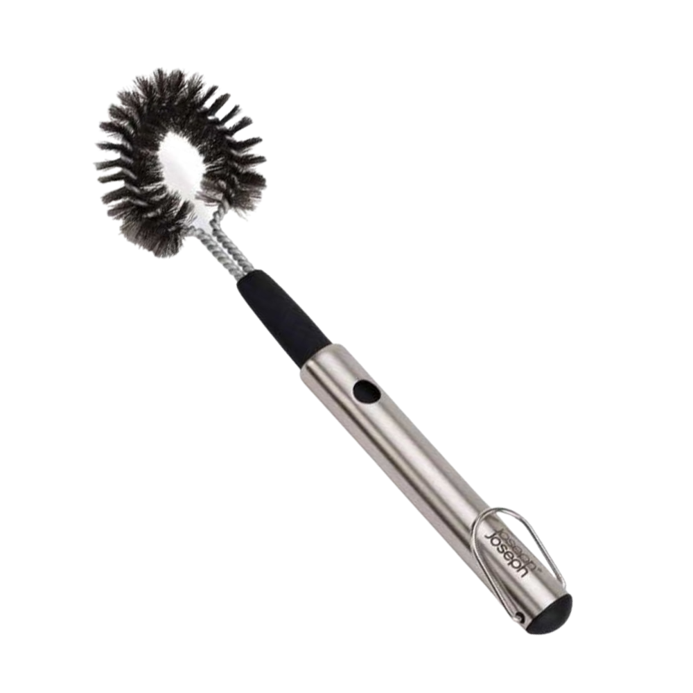 Joseph Joseph GrillOut stainless-steel BBQ cleaning brush with an extending handle, designed for effective grill cleaning.