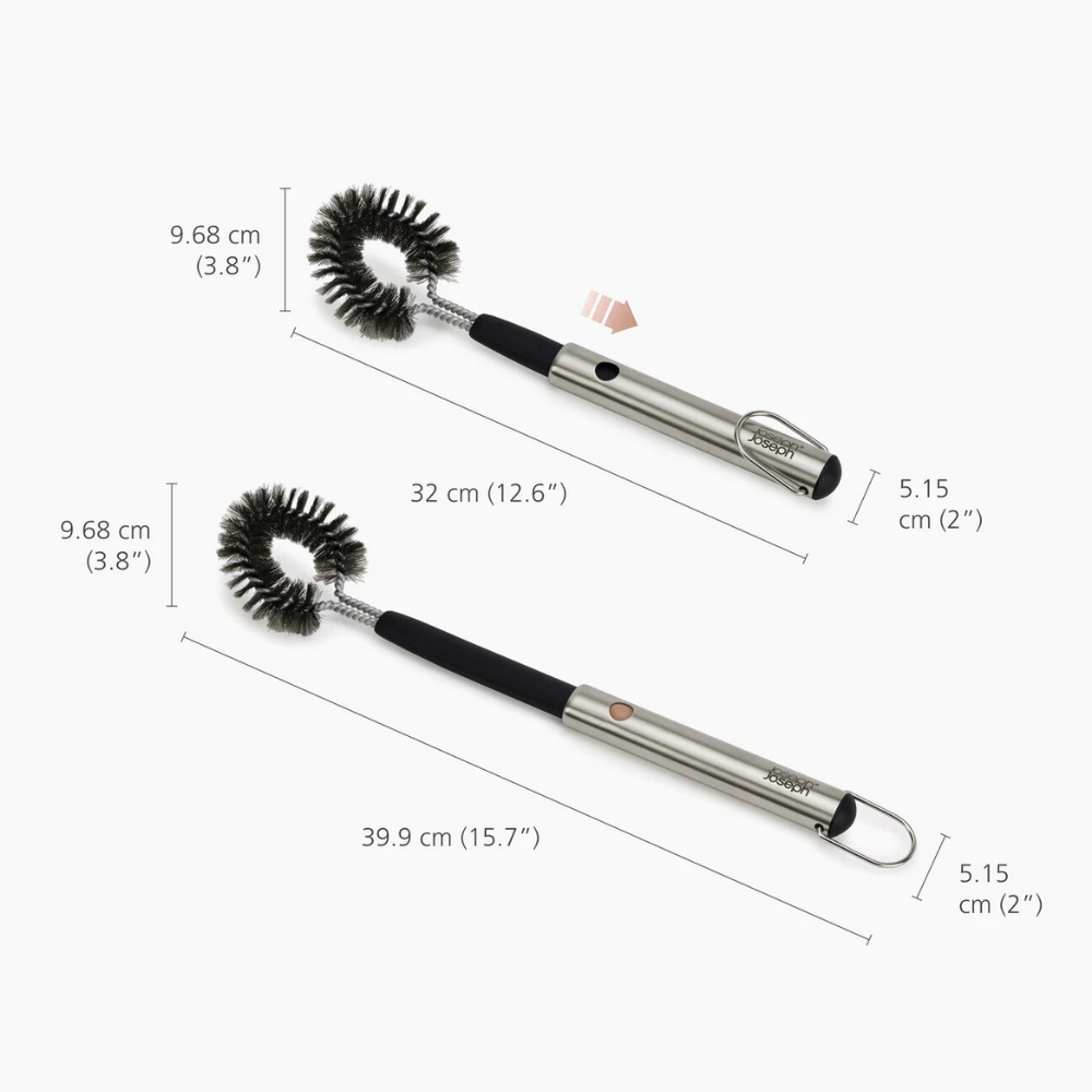 Joseph Joseph GrillOut stainless-steel BBQ cleaning brush with an extending handle, designed for effective grill cleaning.