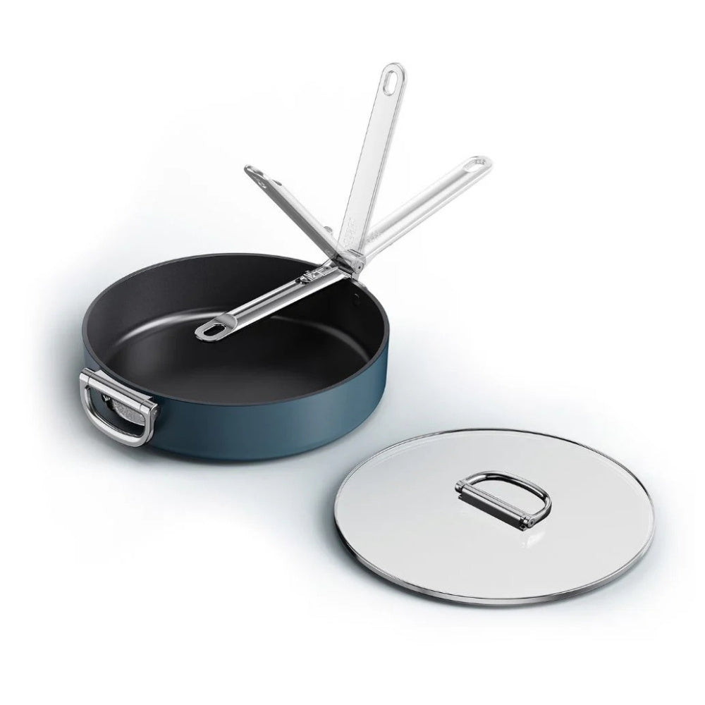 Blue 28cm Joseph Joseph non-stick sauté pan with folding handle and lid, showcasing ceramic coating and sleek design.