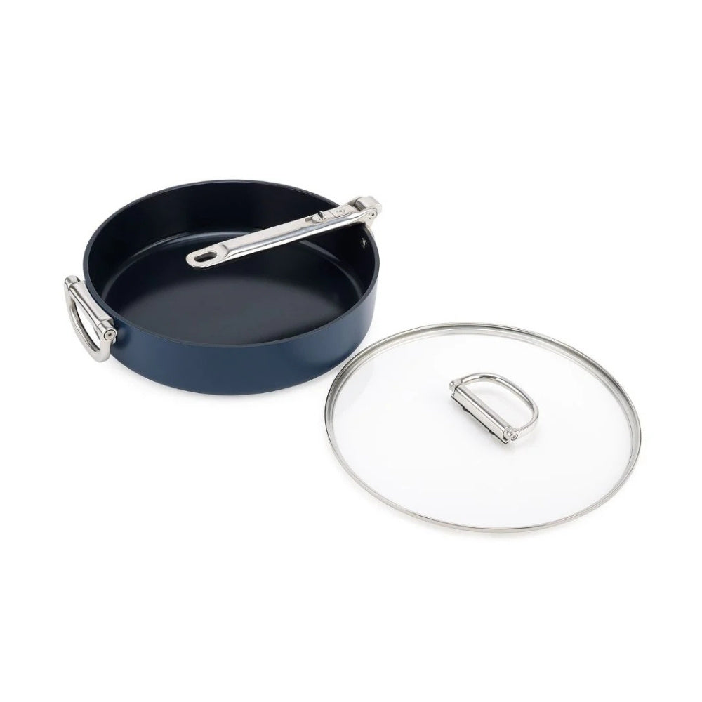 Blue 28cm ceramic non-stick sauté pan with lid and folding handle by Joseph Joseph.