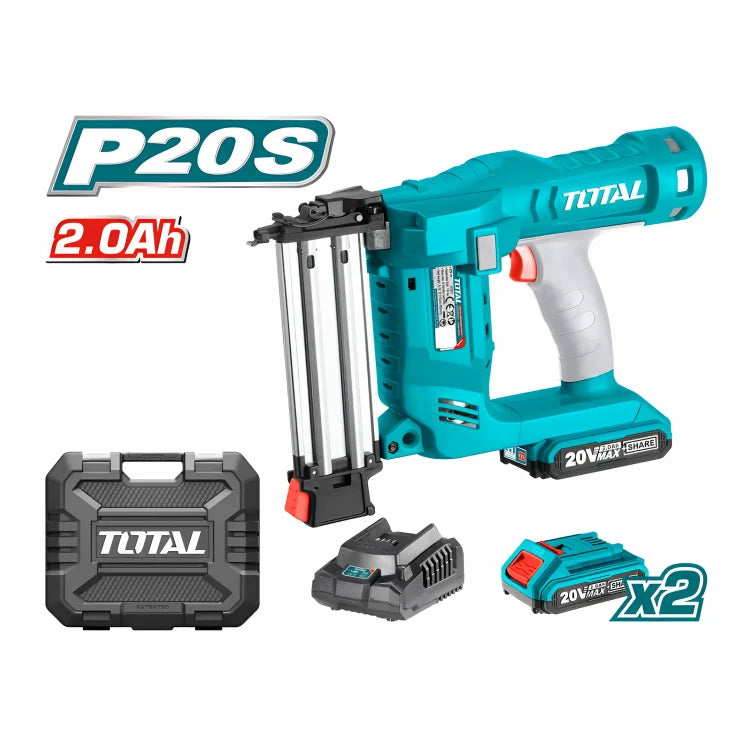 Total TCBNLI2001 cordless brad nailer pictured with two batteries, charger and storage case