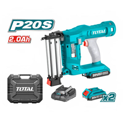 Total TCBNLI2001 cordless brad nailer pictured with two batteries, charger and storage case