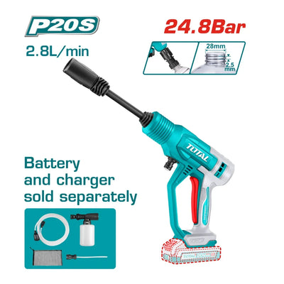 Total TPWLI2036 cordless pressure washer with spray lance and hose accessory graphic