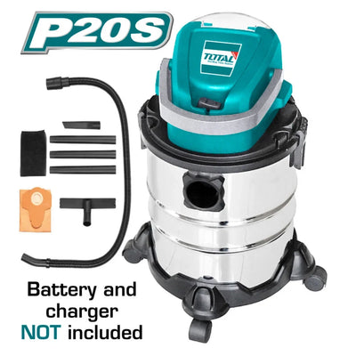Total TVLI2005E cordless tank vacuum with wheels, flexible hose and cleaning attachments