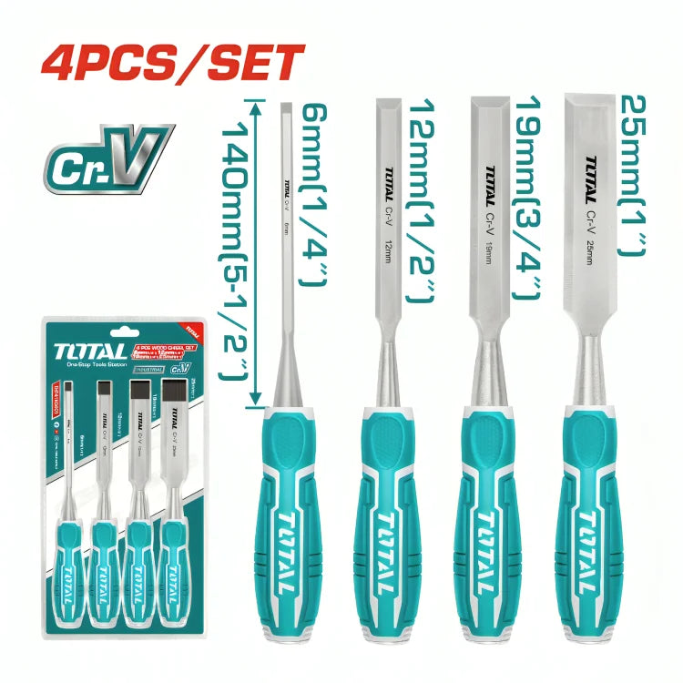 Total THT41K0401 wood chisels with different blade widths and ergonomic handles