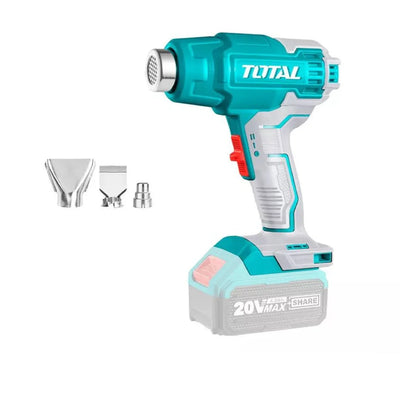 Total TBLI2002 cordless heat gun shown with nozzle attachments and a bare-tool battery outline