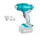Total TBLI2002 cordless heat gun shown with nozzle attachments and a bare-tool battery outline