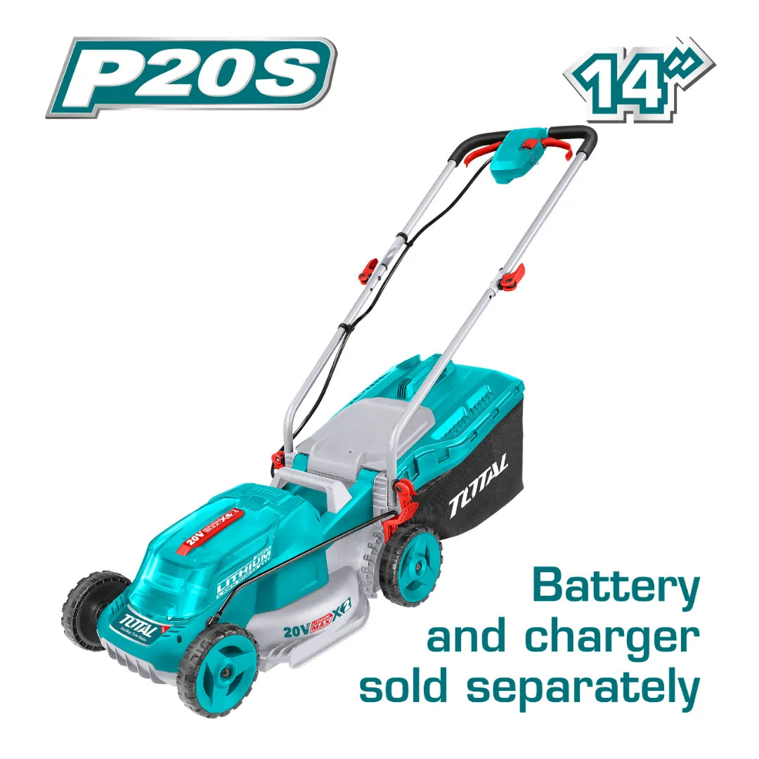 Total TLMLI2014 cordless push lawn mower with wheels, handle and rear grass collection bag