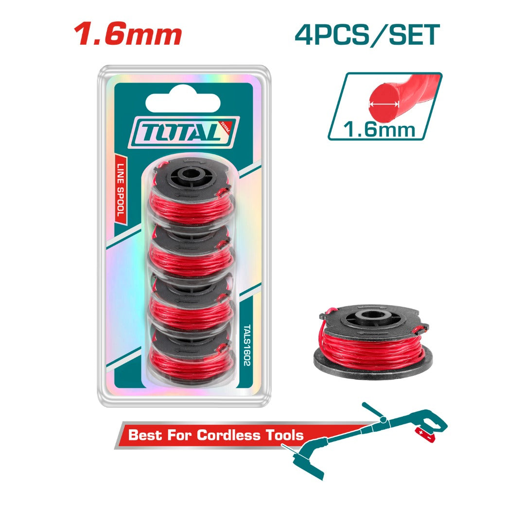 Total TALS1602 four-piece set of 1.6 mm grass trimmer line spools in retail packaging