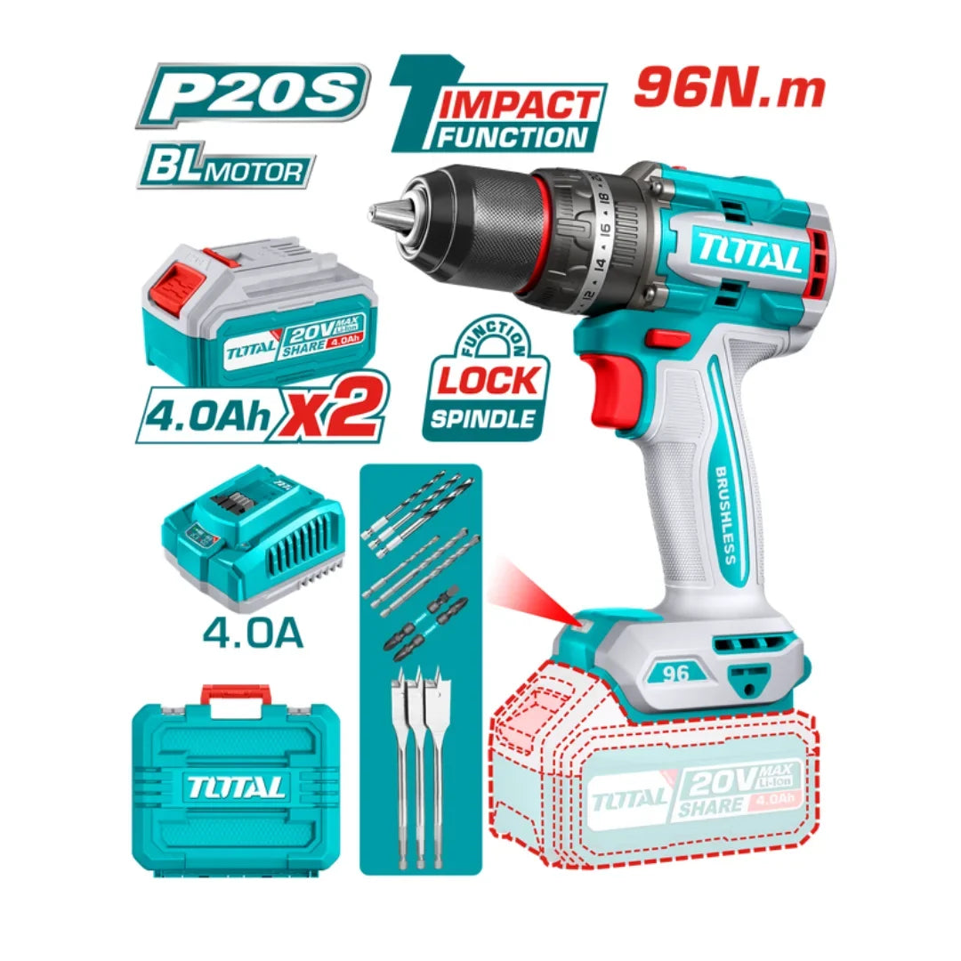 Total TIDLI20968 20V impact drill with two 4.0Ah batteries, charger and case
