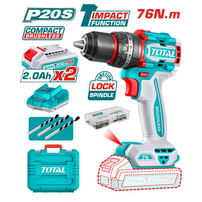 Total TIDLI20768 20V impact drill kit shown with two batteries, charger and storage case