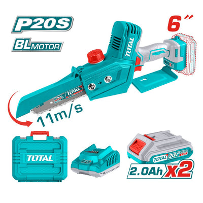 Total TGSLI20686 6-inch cordless chainsaw with two batteries, dual charger and carrying case