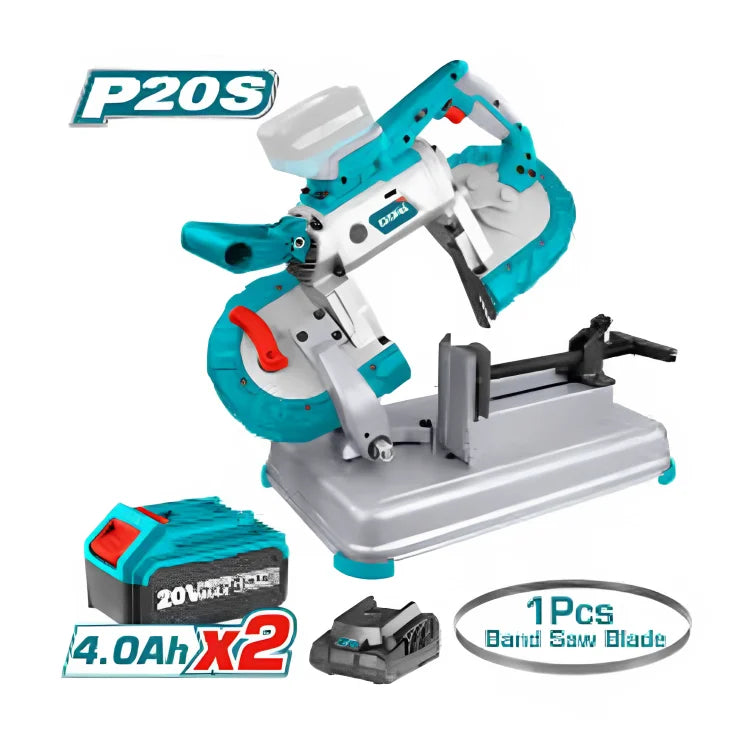 Total TBSLI201272 cordless band-style saw pictured on a base with batteries, charger and blade