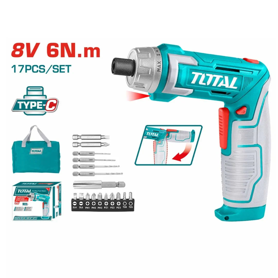 Total TSDLI0802 8V cordless screwdriver with 17-piece accessory set and storage case