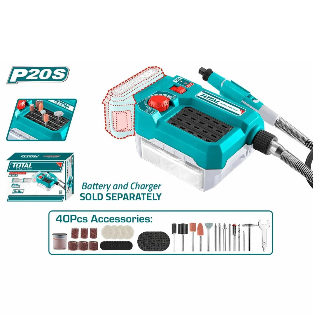 Total TMGLI2001 cordless rotary tool with flexible shaft and accessory set pictured