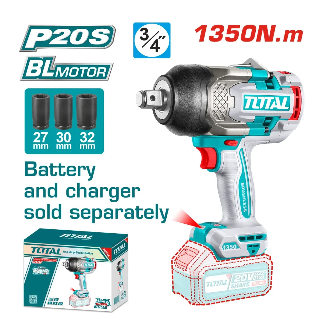 Total TIWLI201351 1350Nm impact wrench with socket graphics and bare-tool illustration