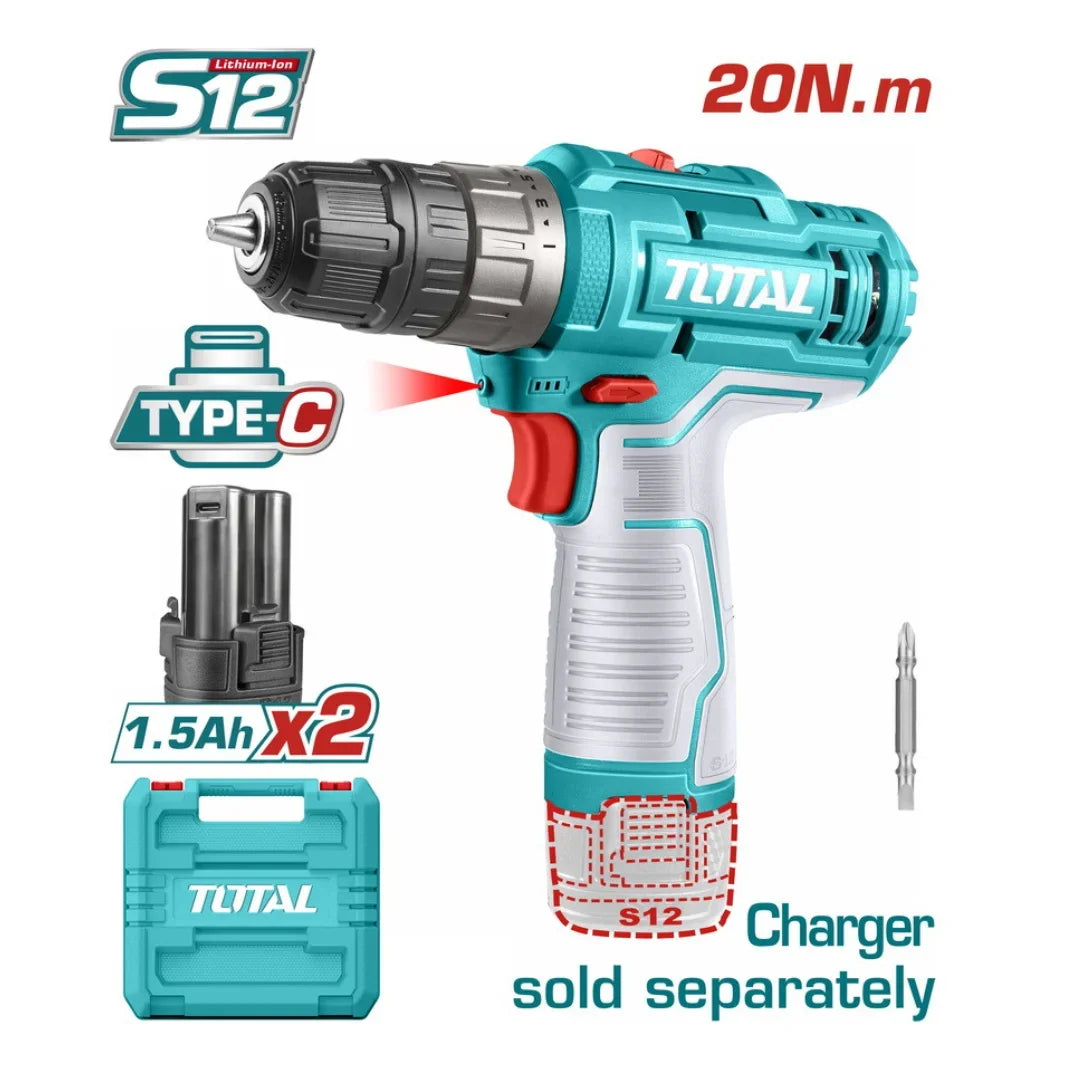 Total TDLI12202 12V cordless drill shown with two batteries and a storage case