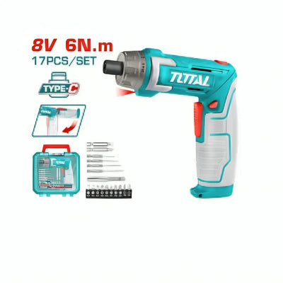 Total TSDLI08025 8V cordless screwdriver with bits and plastic storage case