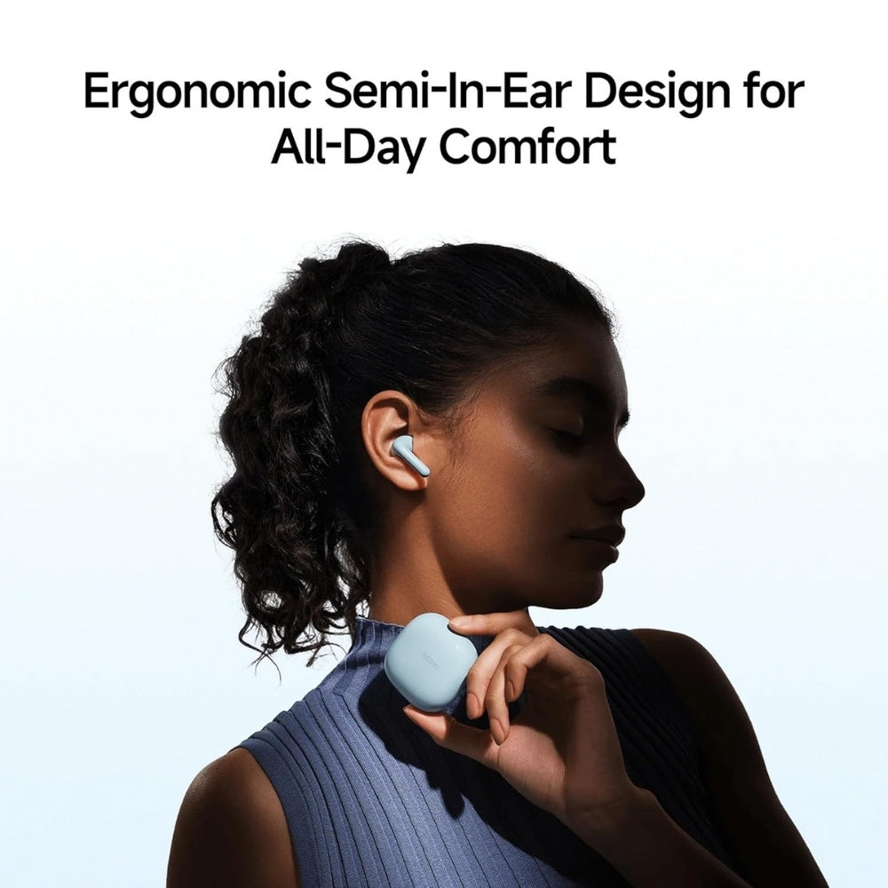 Woman wearing wireless earbuds with text about ergonomic design