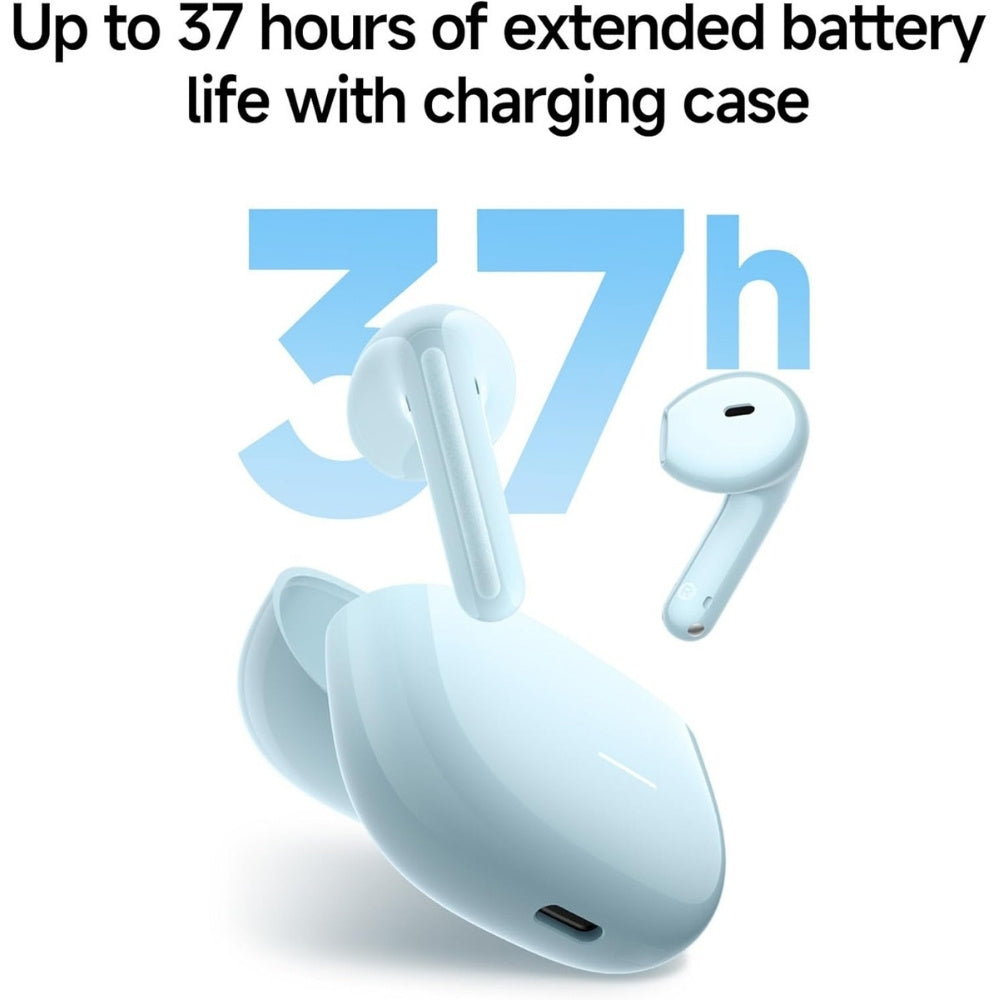 Wireless earbuds with charging case and text about battery life on a white background