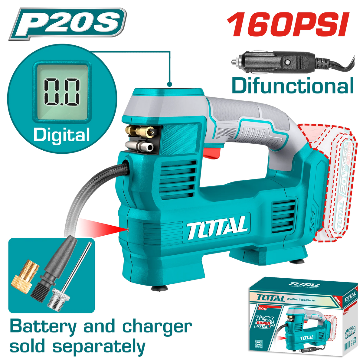 Total TACLI2012 cordless digital tire inflator with hose, carrying handle and adapters