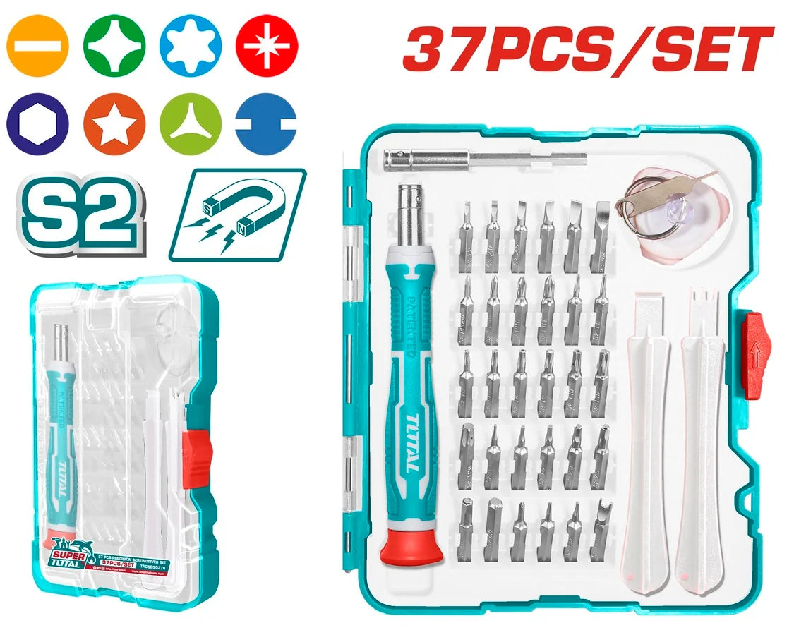 Total TACSD30376 screwdriver handle and assorted bits arranged in a storage case